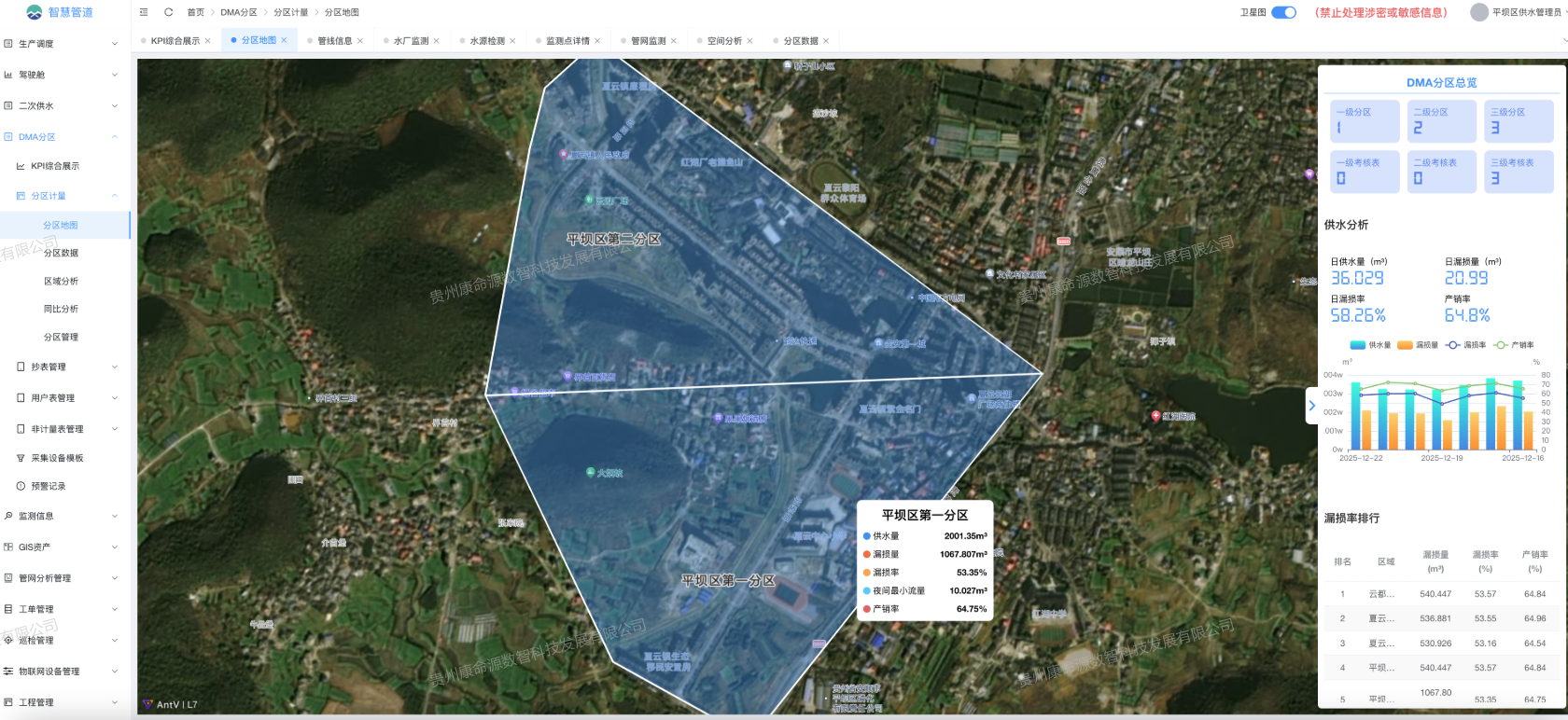 康命源数字孪生管网解决方案-供水管网分区地图